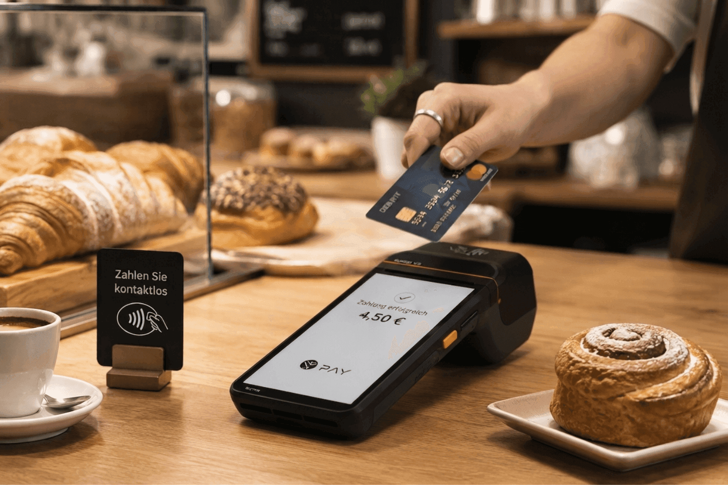 Person paying with a credit card at a contactless POS terminal in a bakery.