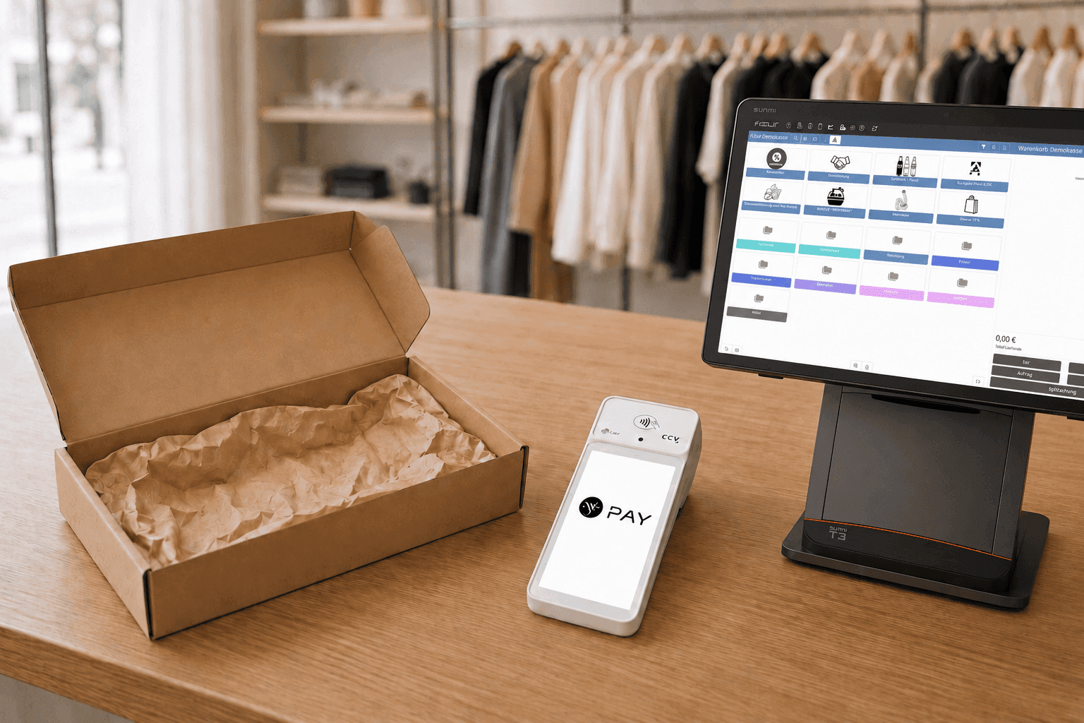 Modern payment terminal and POS system on a retail store counter.