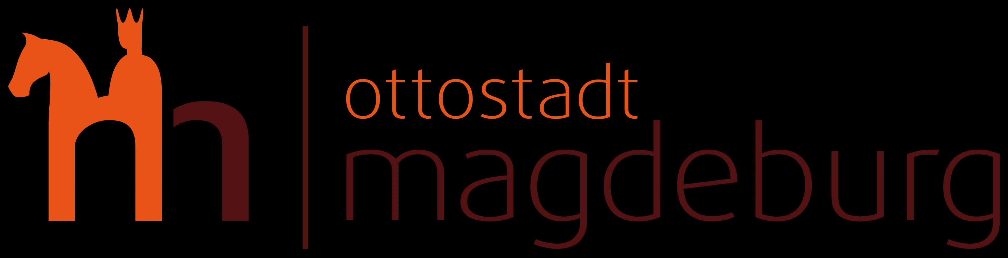Logo for Ottostadt Magdeburg featuring a stylized orange figure on a horse.