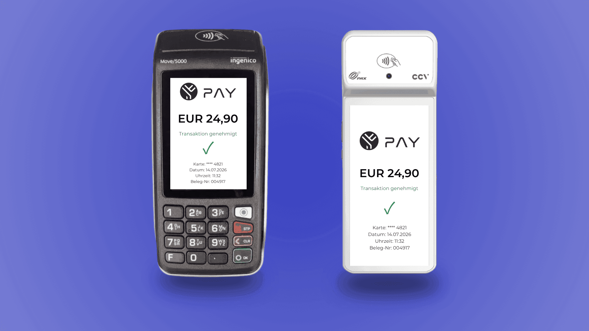 Two payment terminals show a successful EUR 24.90 transaction, one traditional, one contactless.