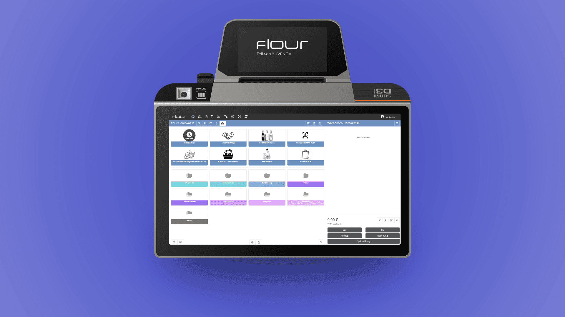 Modern FLOUR point-of-sale system displaying a menu interface with various icons.