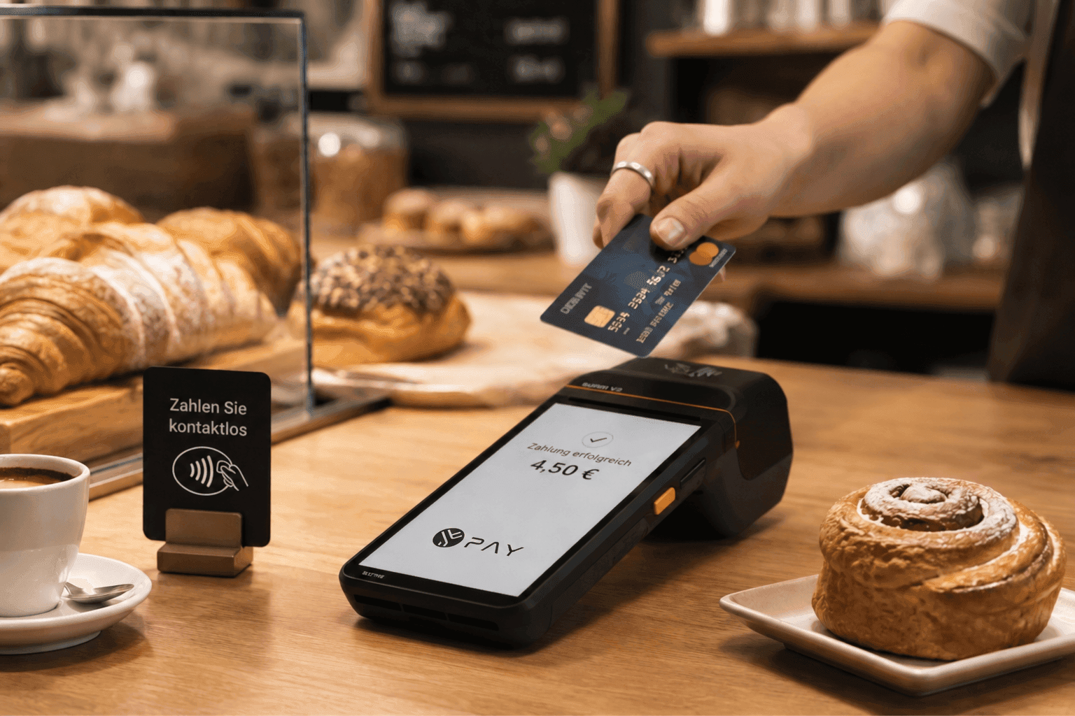 A hand holds a credit card over a payment terminal for a contactless transaction.