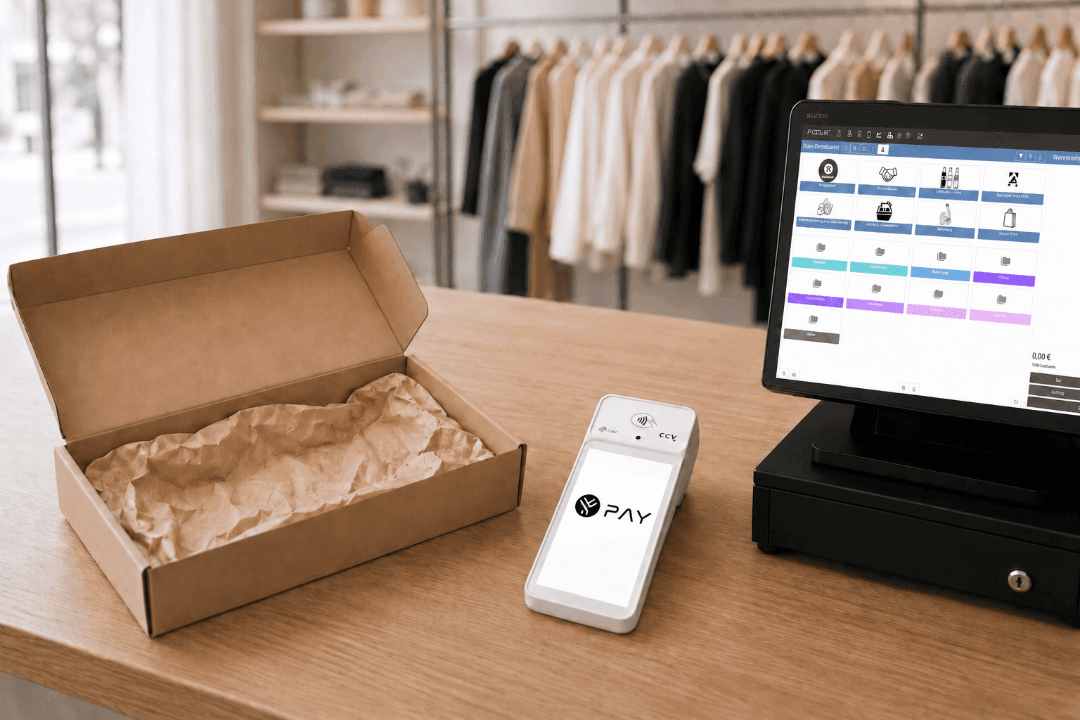 White J:PAY payment terminal and POS system on a counter in a clothing store.