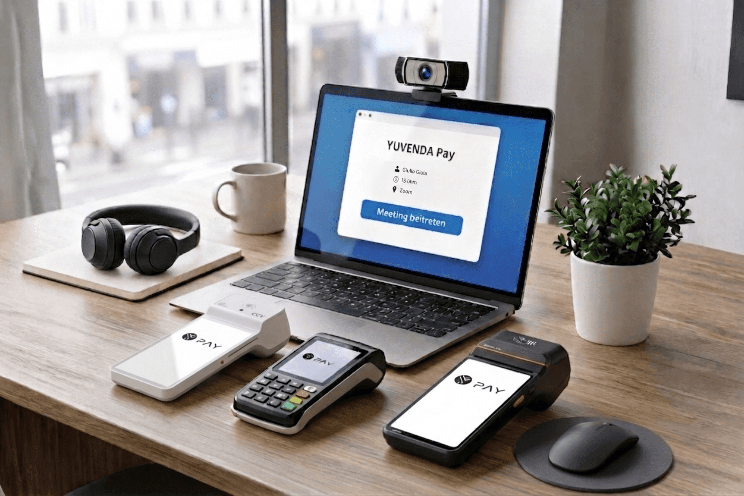 Three modern payment terminals and a laptop displaying settlement software on a wooden desk.