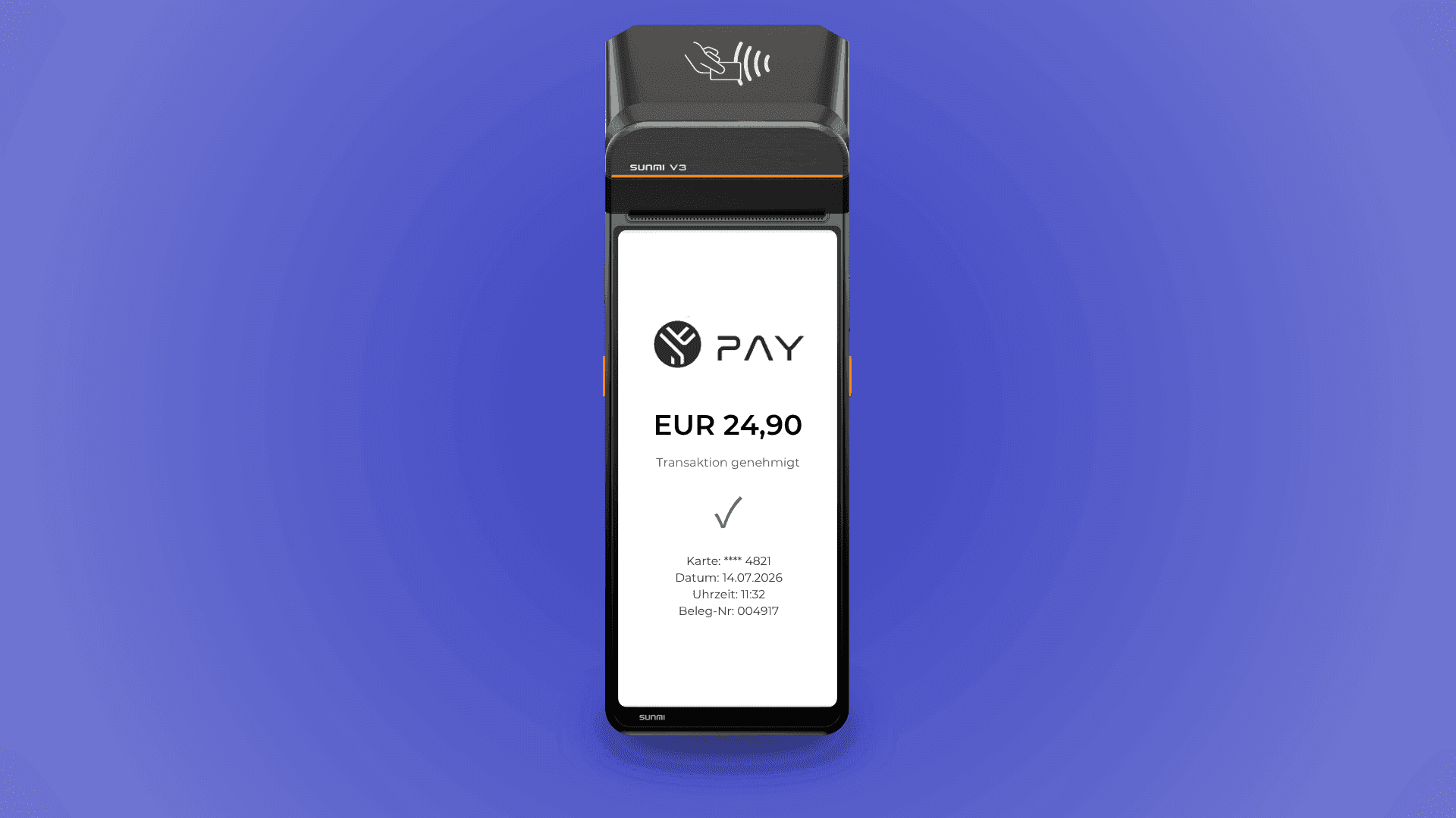 A modern point-of-sale terminal displays a successful payment of EUR 24.90.