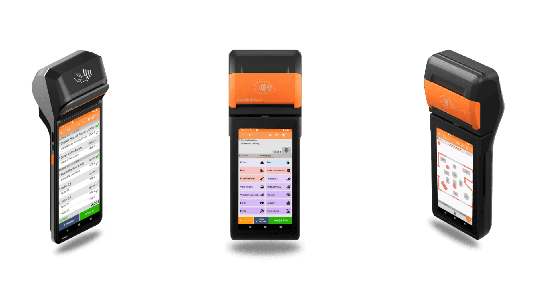 Three views of an orange and black portable point-of-sale device displaying a menu.