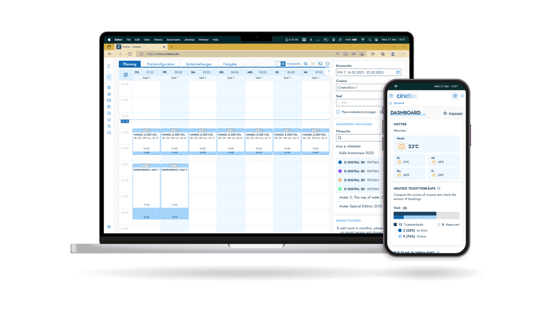 Laptop and smartphone displaying business scheduling software for multi-device management.