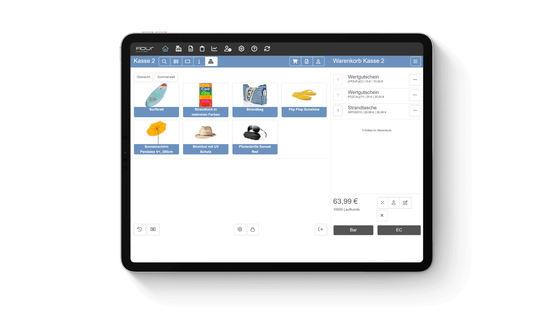 Tablet displaying a point-of-sale application with product icons and a 63.80 Euro total.